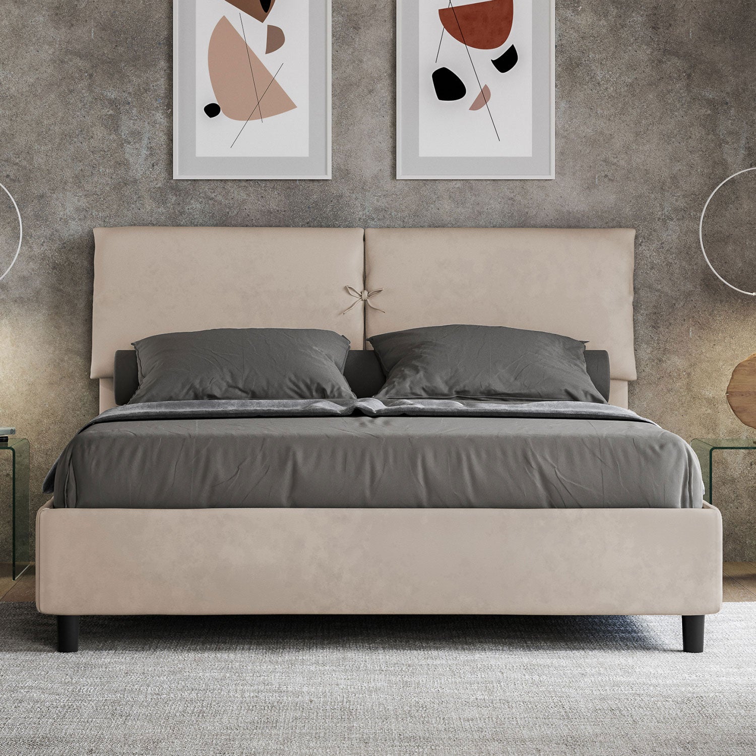 Letto Matrimoniale 160x210 cm con Rete e Contenitore con Testata e Alzata Comoda Imbottito in Microfibra Mados Sabbia