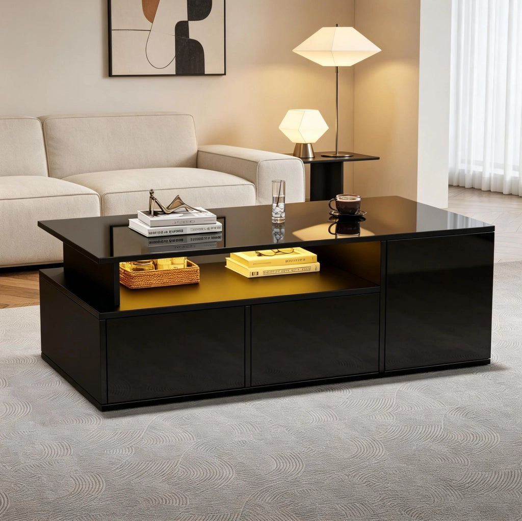 Tavolino da salotto 100x50x35 cm con LED; doppio cassetto; pannello truciolare nero