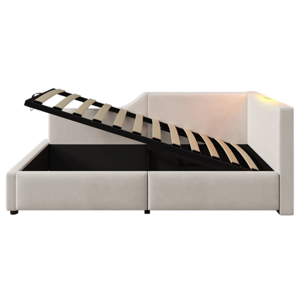 Letto a giorno 90x200 cm con contenitore; lampada da lettura e USB C; velluto beige