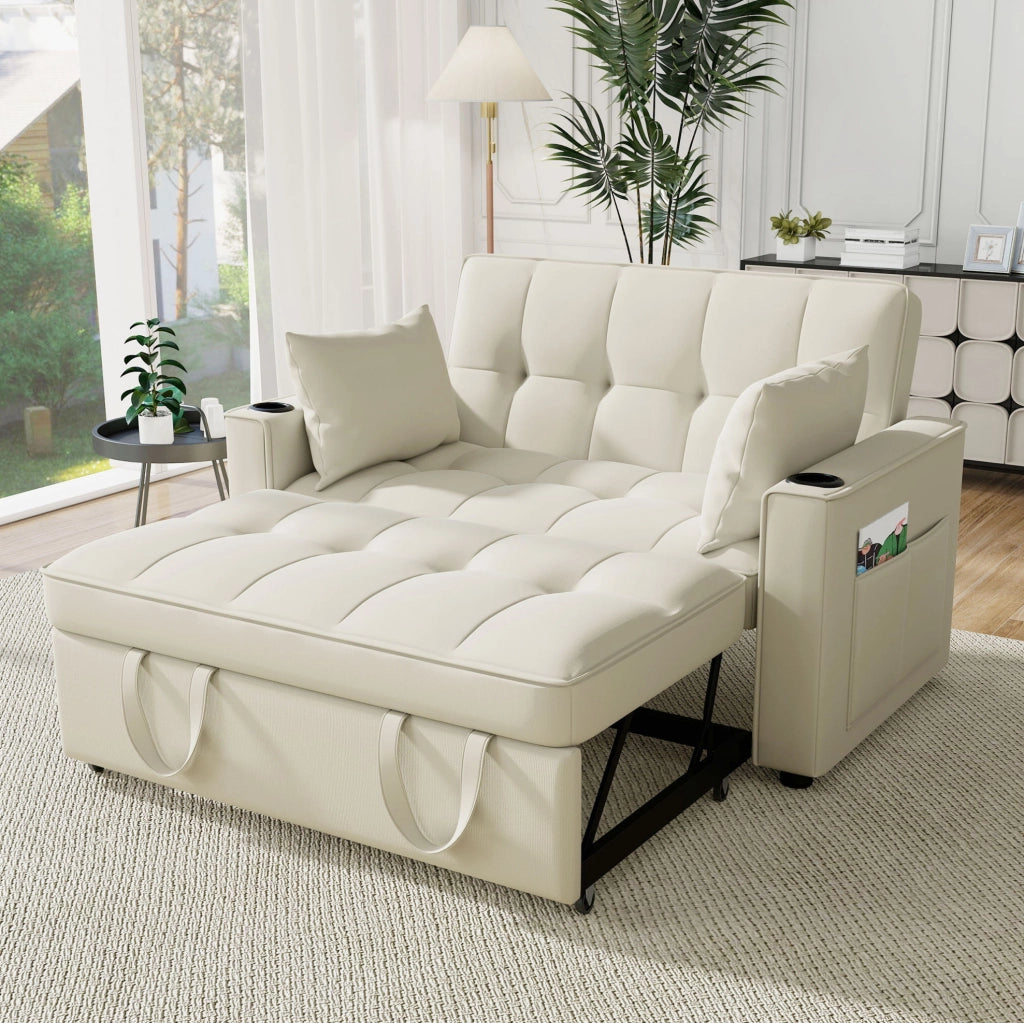 Divano letto multifunzione con portabicchieri e tasche in velluto beige
