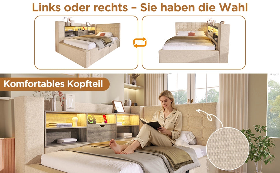 Letto Imbottito Contenitore 140x200 con LED e Testiera ¨C MINIMAL ¨C Beige, Tessuto, Idraulico