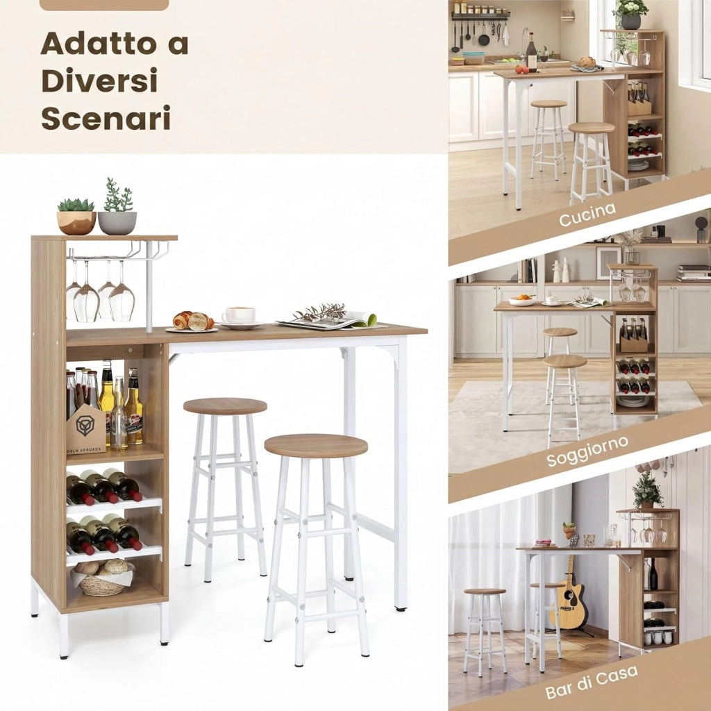 Set 3 Pezzi Tavolo e Sedie da Bar, Tavolo e Sgabelli da Pub Industriale con Porta Calici e 6 Portabottiglie da Vino, Set di Tavolo per Sala da Pranzo, Ristorante e Bar (Legno)