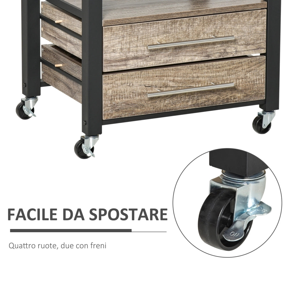 Easycomfort Carrello da Cucina Portavivande con 3 Cassetti e Mensola, Mobiletto Multiuso in Legno Truciolare, 60x50x84.5cm, Quercia