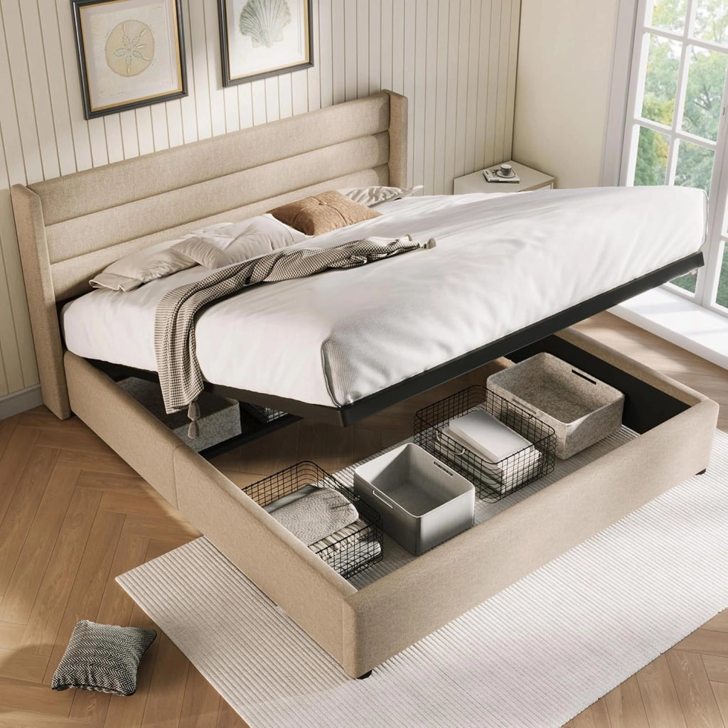 Letto matrimoniale 160x200 cm con contenitore e rete a doghe idraulica letto contenitore matrimoniale con testiera imbottita  struttura letto in legno - beige