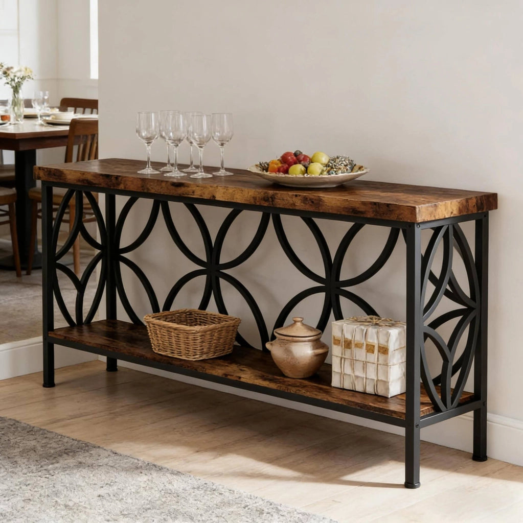 Console industriale 160x30x80 cm nero e marrone rustico, 2 ripiani, metallo e legno