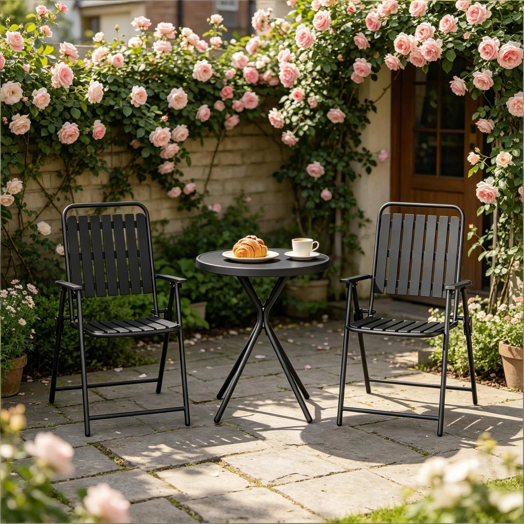 Tavolo E Sedie Da Giardino Pieghevoli - Salvaspazio - Tavolo 60 X 70 Cm - Ferro Vetro E Pp - Nero - Per Balcone E Giardino - Facile Da Riporre
