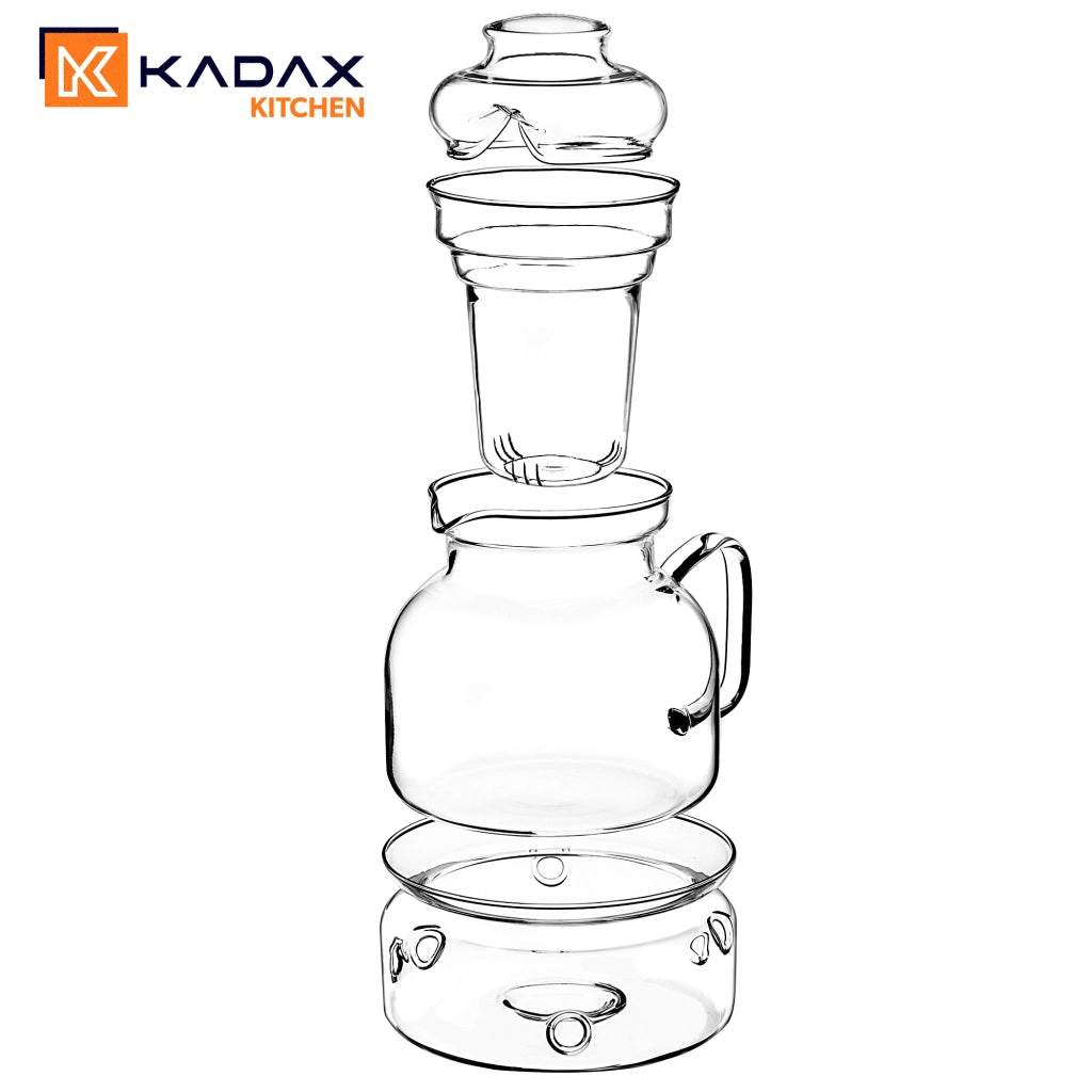 Brocca in vetro resistente al calore KADAX con infusore e riscaldatore per tè, 1,5 l