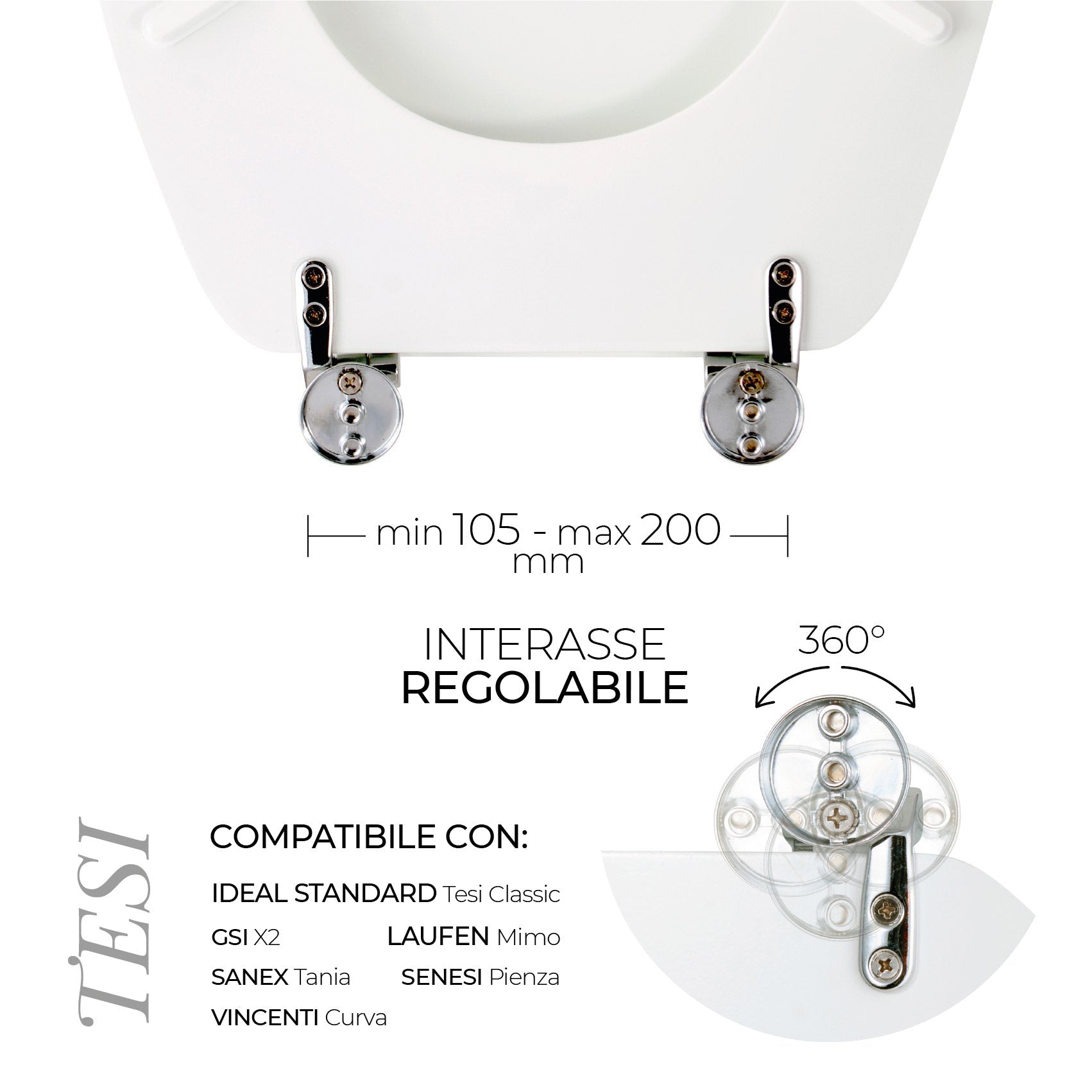 Copriwater Universale 35,5x43,3 cm in MDF Cerniere in Metallo Cromato Tesi Bianco Lucido