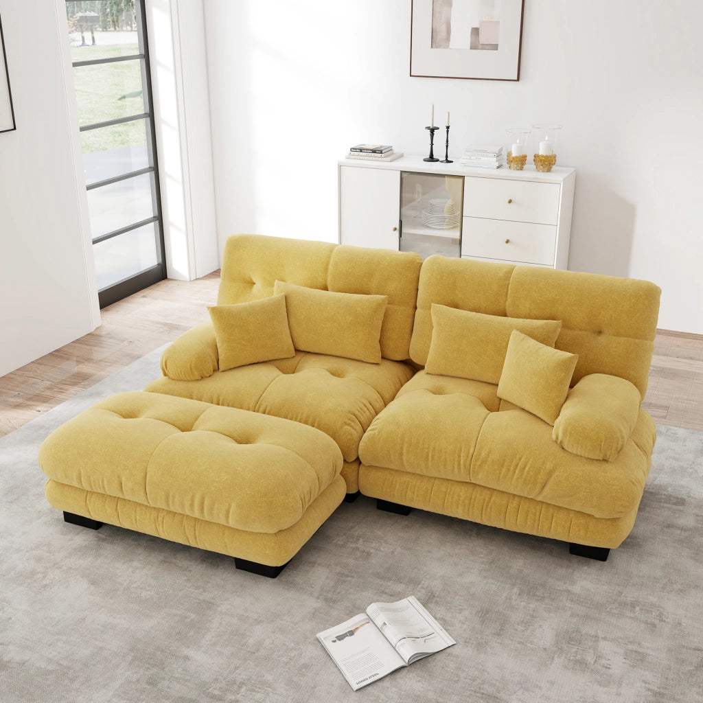Divano angolare modulare in chenille con cuscini lombari e pouf, comfort profondo giallo 220 × 145 × 81 cm