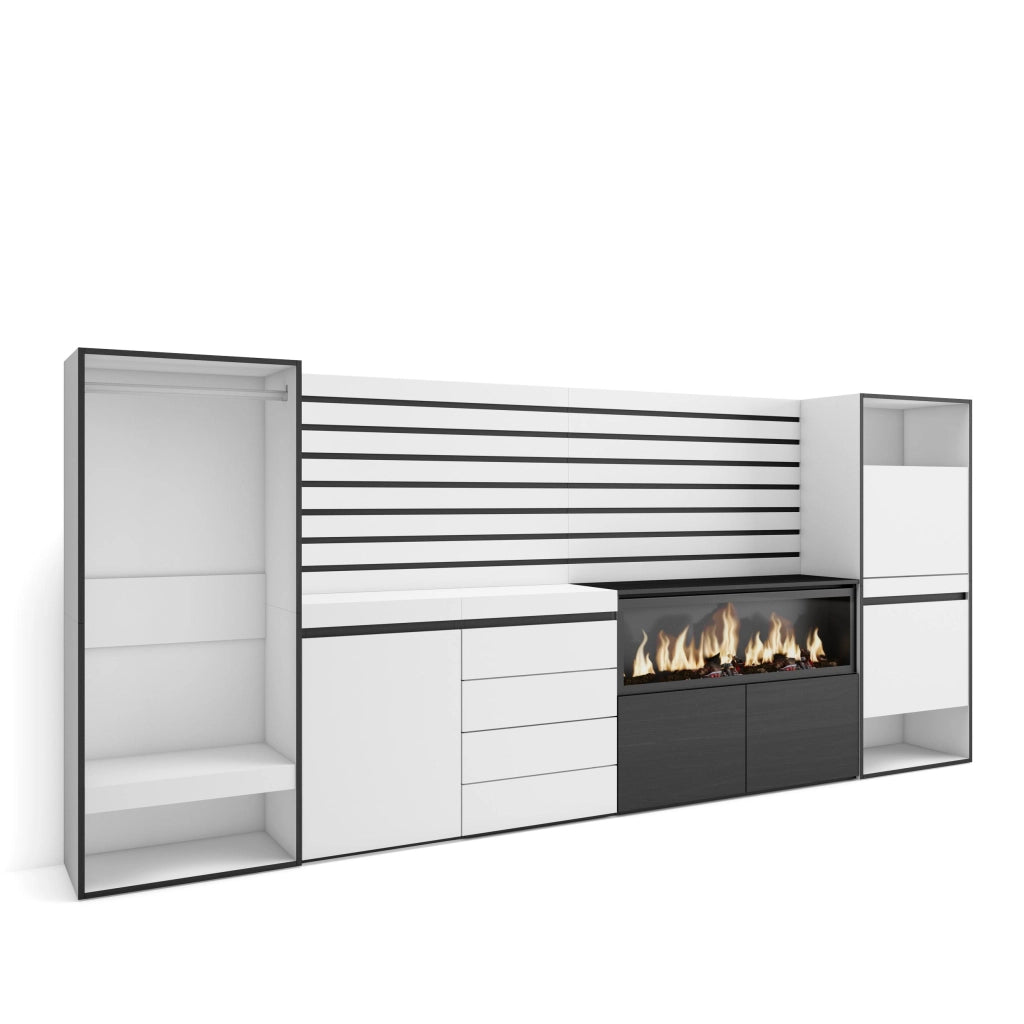 Credenza, 334x35x145cm, Camera da letto, Camino elettrico XXL, Cassettiera, Scarpiera, Armadio Aperto, Bianco RF3389