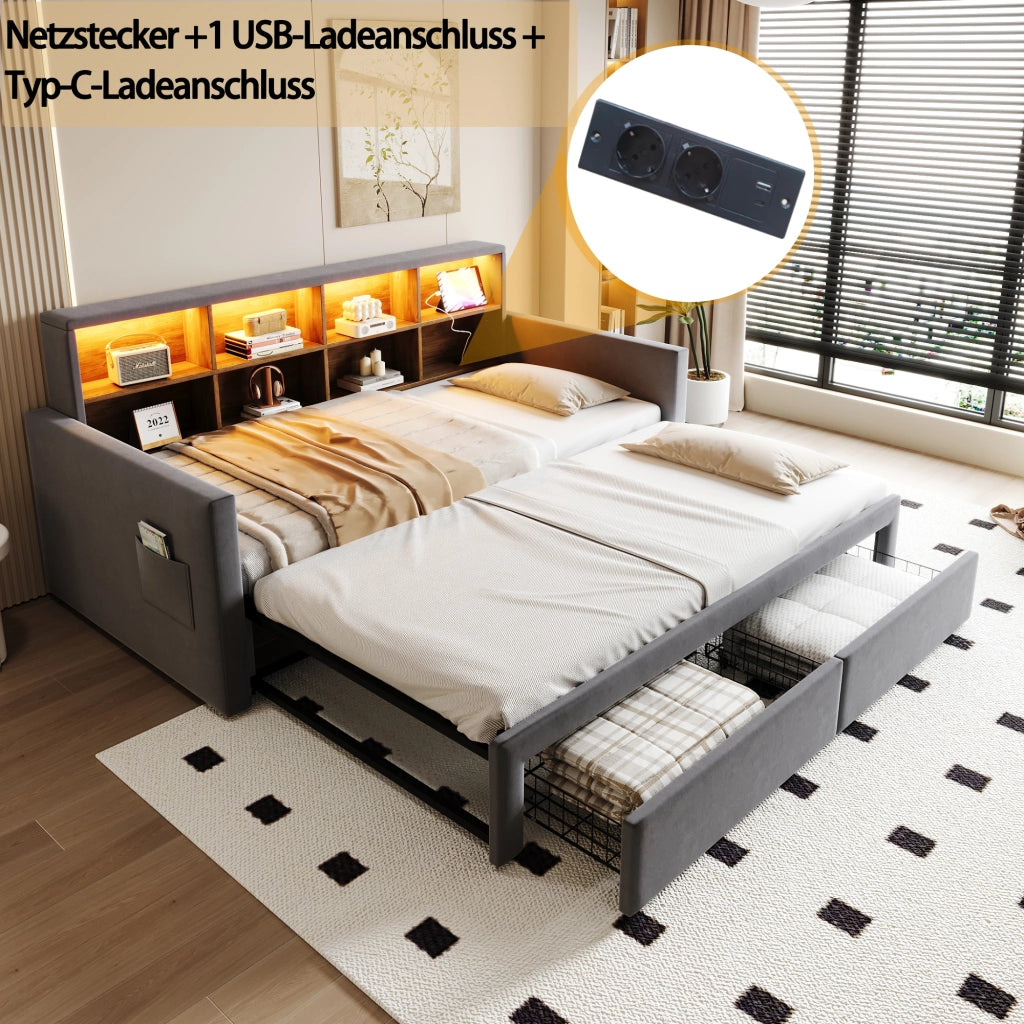 Letto Estraibile 1-2 Posti con Contenitore; 2 Cassetti; LED; USB e USB-C; 90×190 e 180×190 cm; senza Materasso