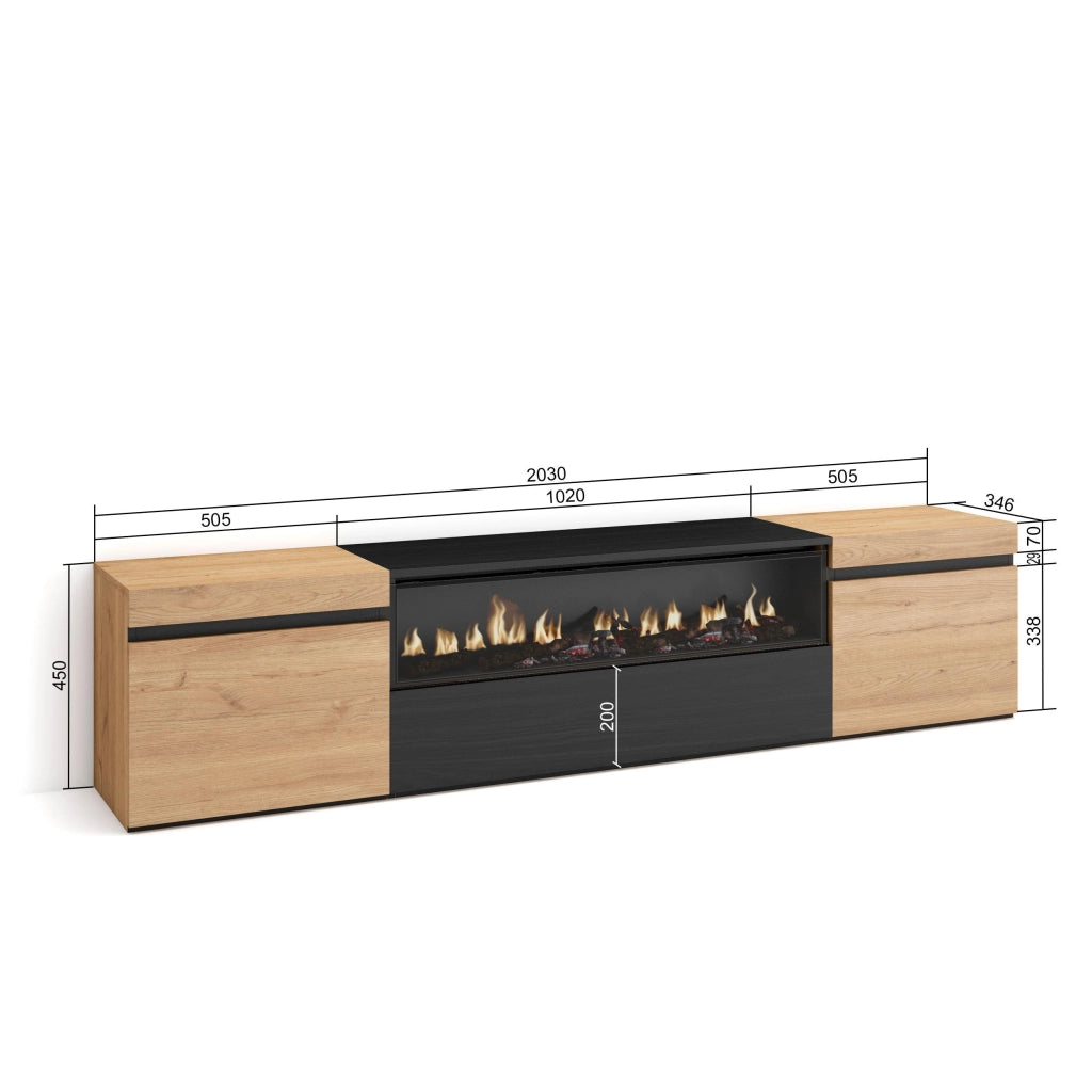 Mobile TV, 200x35x45cm, soggiorno, Per TV fino a 80", Camino elettrico, colore Rovere e nero RF2259