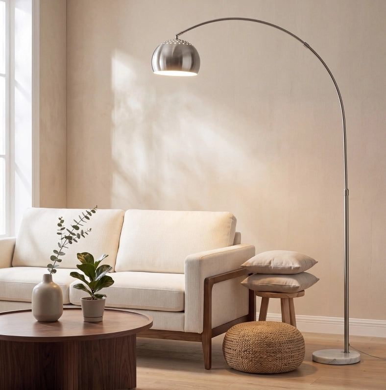 Lampada da terra ad arco argentata con base in marmo, 167 cm