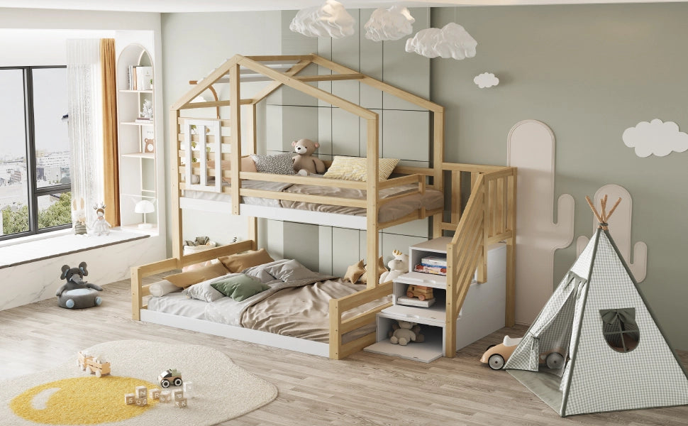 DESMIU Letto a castello 3 posti con scala contenitore, sponde e finestra 90 × 200 e 140 × 200 cm senza materasso