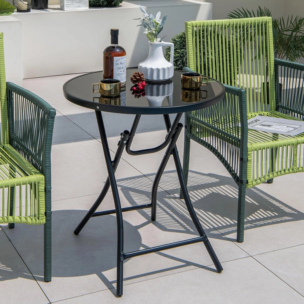 Tavolino Pieghevole, Tavolino Rotondo da Patio in Vetro Temperato con Struttura in Metallo, Non Richiede Montaggio, Tavolino da Appoggio Salvaspazio per Giardino, Piscina, Balcone, Nero