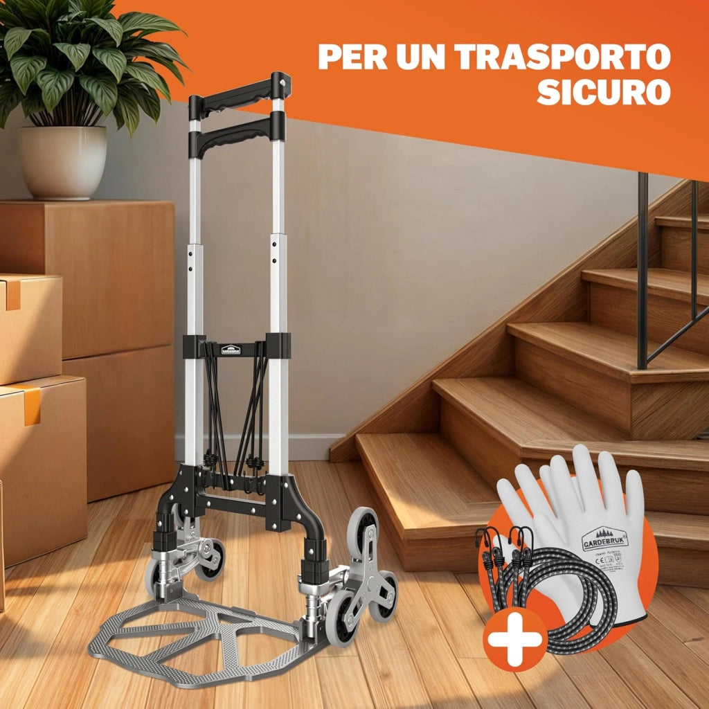 ® Carrello Saliscale con Ruote in PP Antiforatura Pieghevole 80Kg Alluminio Incl. Guanti 2 Corde Carrellino Portapacchi Trasporto Scatole
