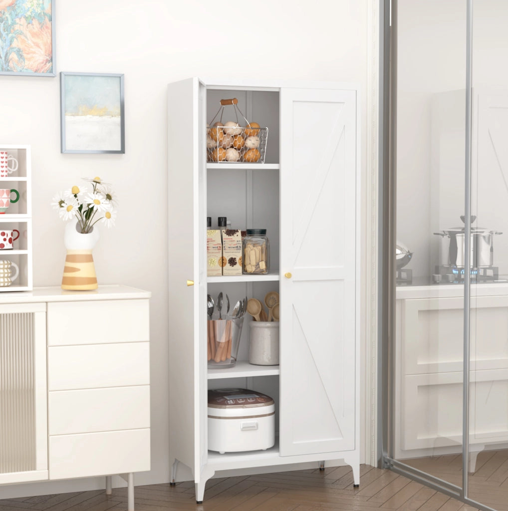 Credenza dispensa in metallo bianco con 3 ripiani regolabili