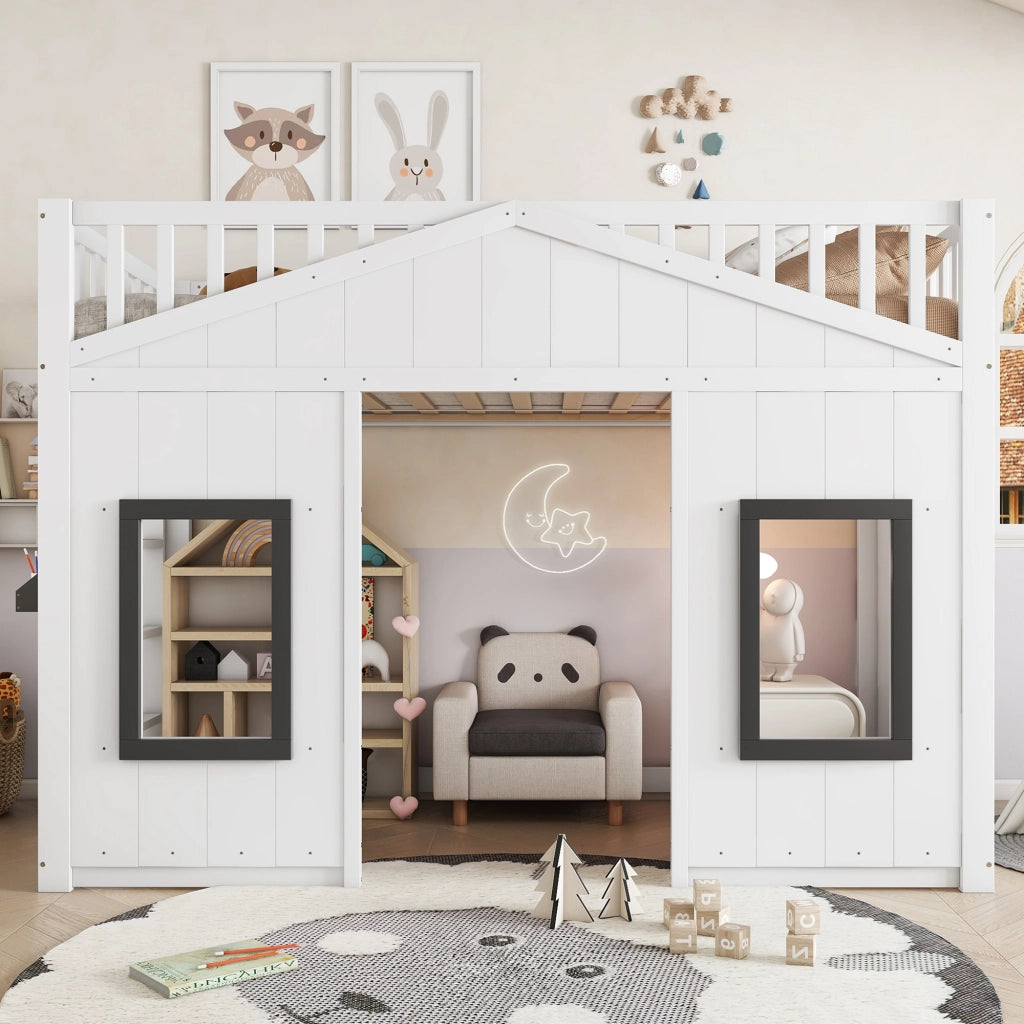 OKWISH Letto a castello 90×200 cm, Letto Singolo con Scala, Sponde di Sicurezza e Mensola, senza Materasso, Legno e MDF, Bianco