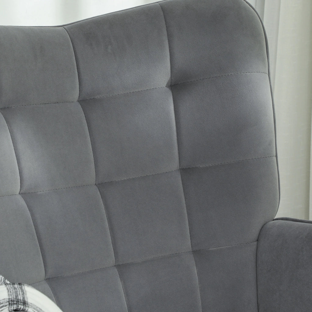 Poltrona a dondolo con rivestimento effetto velluto, braccioli, base in legno, Grigio scuro