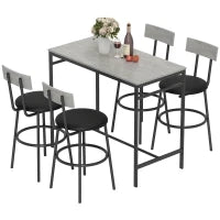 Set Tavolo Alto e 4 Sgabelli da Bar con Schienale e Poggiapiedi in Stile Industriale, Grigio Cemento