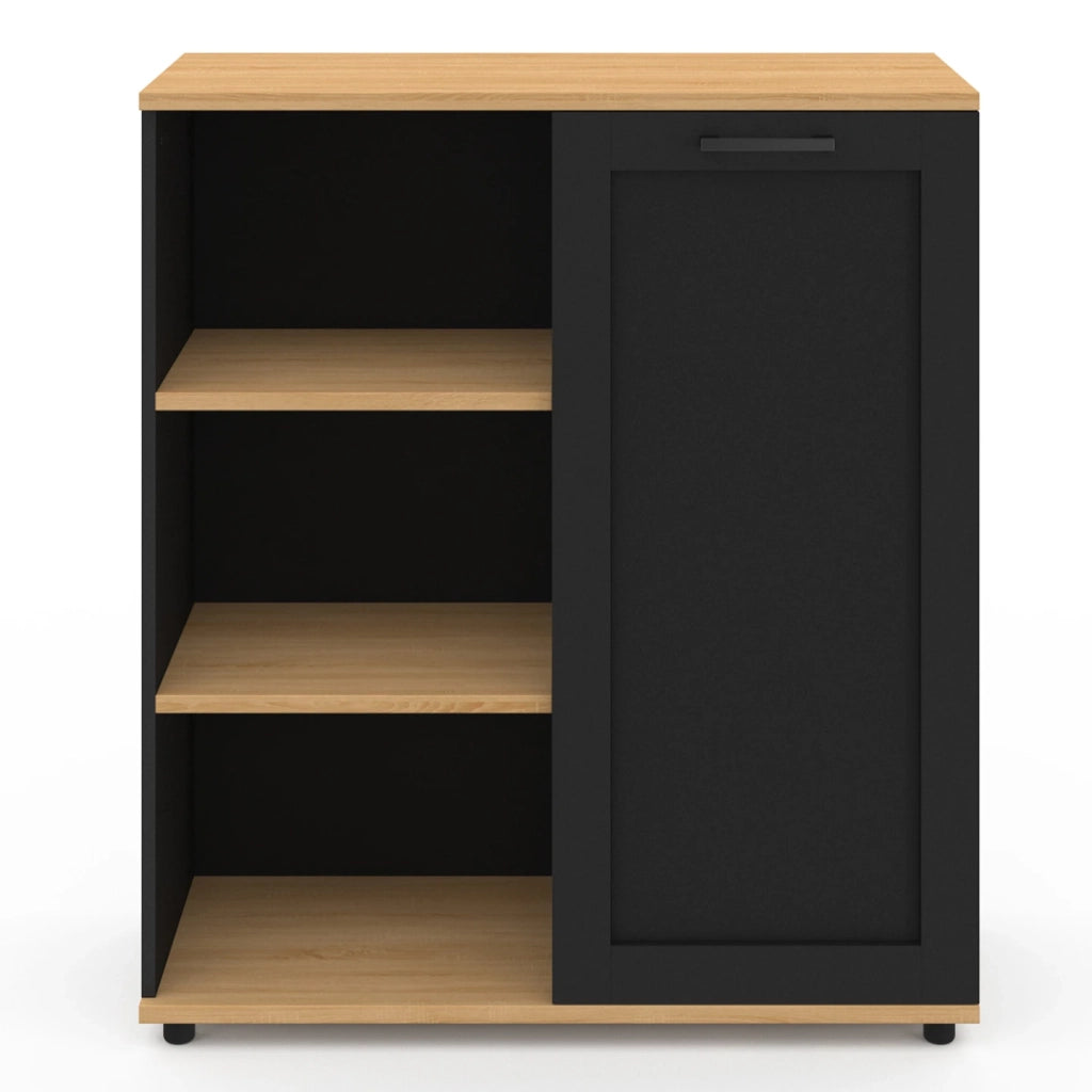 IDMarket - Aparador VITO de 3 estantes con armario negro y tapa de madera de 70 cm