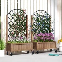 Set da 2 Letti Rialzati con Ruote, Griglia di Supporto, Fioriera a Traliccio in Legno 152x25x97cm Marrone
