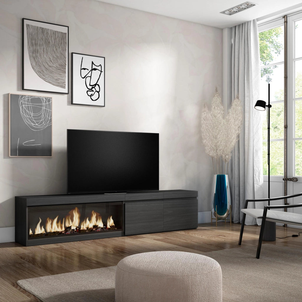 Mobile TV Soggiorno, 208x35x45cm, Per TV fino a 80", Camino elettrico XXL, Nero RF3255