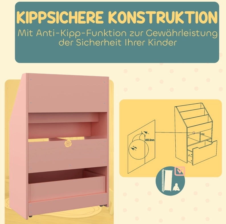 Libreria per bambini rosa con cassetto e ripiani 60 x 29,9 x 90 cm