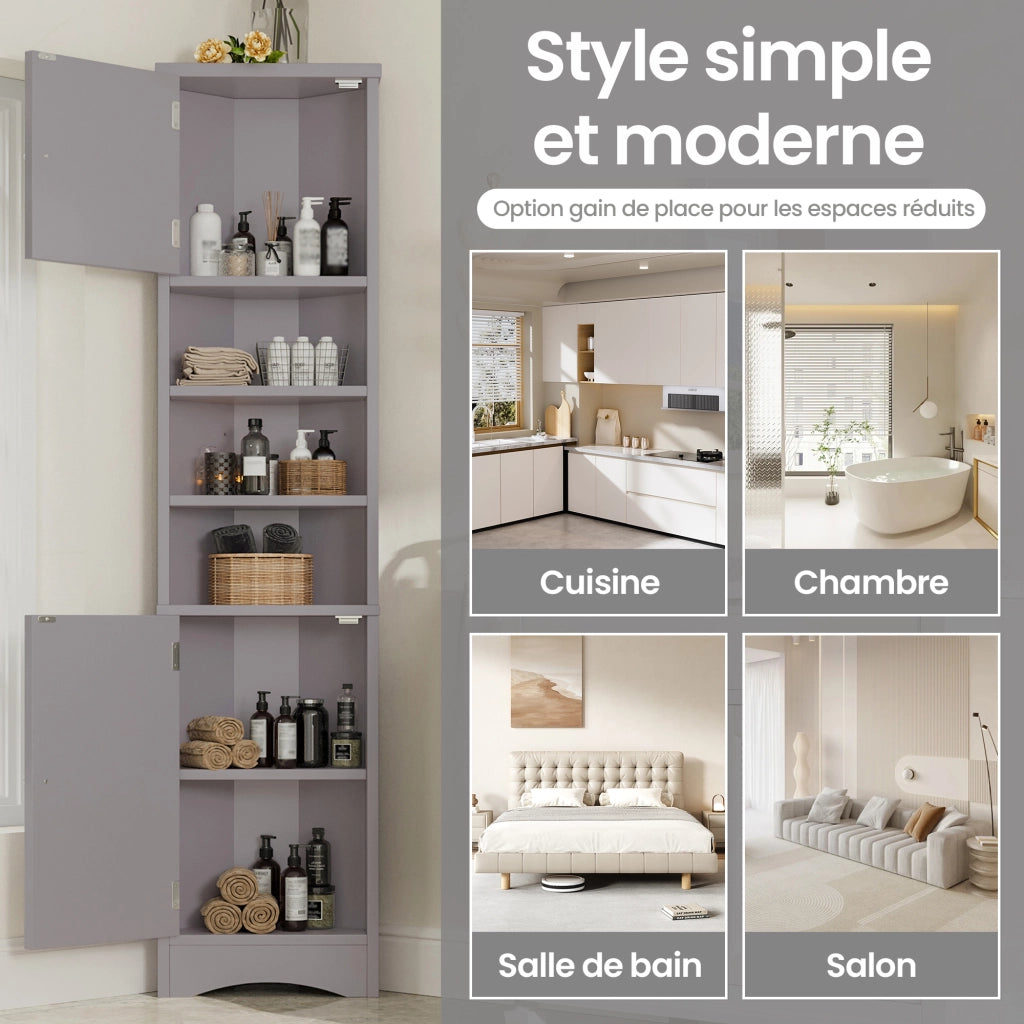 Armadietto da bagno angolare con 2 ante e 3 vani aperti, ripiani regolabili, in MDF, grigio, per bagno