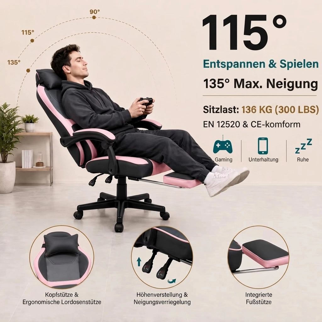 Sedia da ufficio gaming con tasca posteriore, cuciture curate e cilindro pneumatico a tre livelli in pvc rosa baby