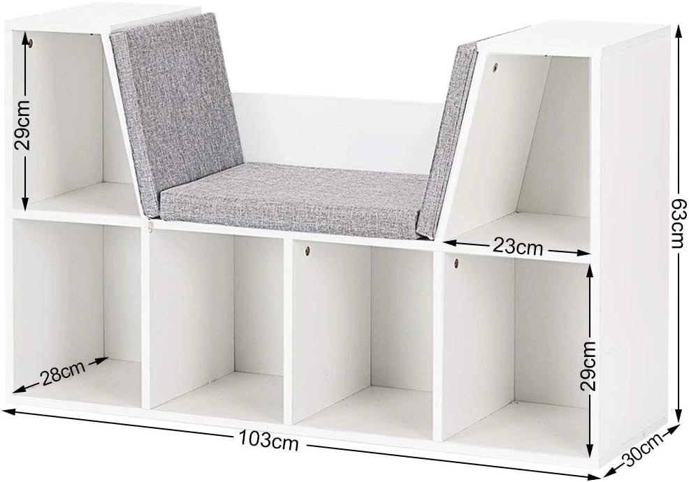 Libreria con Cuscino da Seduta, 6 Scomparti e 2 Ripiani con Panca Cameretta dei Bambini, Ufficio, Bianco