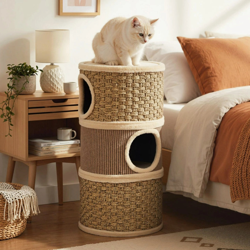 Condominio per gatti a 3 piani con tappetino tiragraffi in sisal, Casa da gioco moderna per gatti da interno-Alberi Tiragraffi