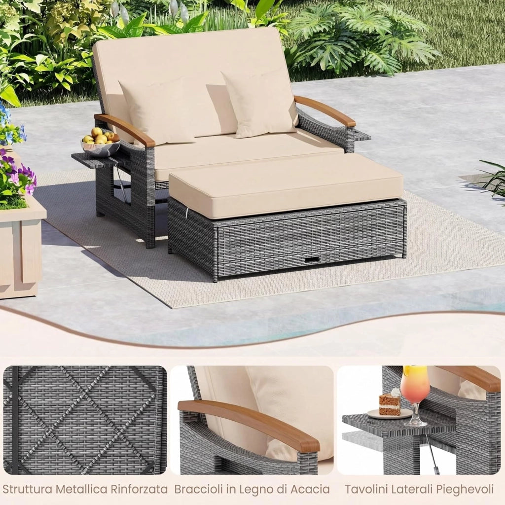 Lettino Prendosle da Giardino con Cuscino per 2 Persone, Divano in Rattan con Panca Contenitore, Schienale Regolabile a 4 Livelli e Vassoi Laterali Estraibili per Balcone e Terrazza