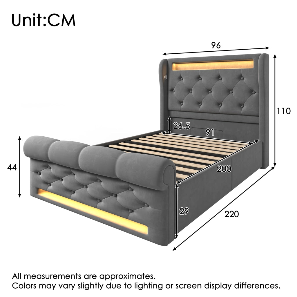 LETTO imbottito contenitore 90x200 cm velluto grigio con LED e USB + Type-C