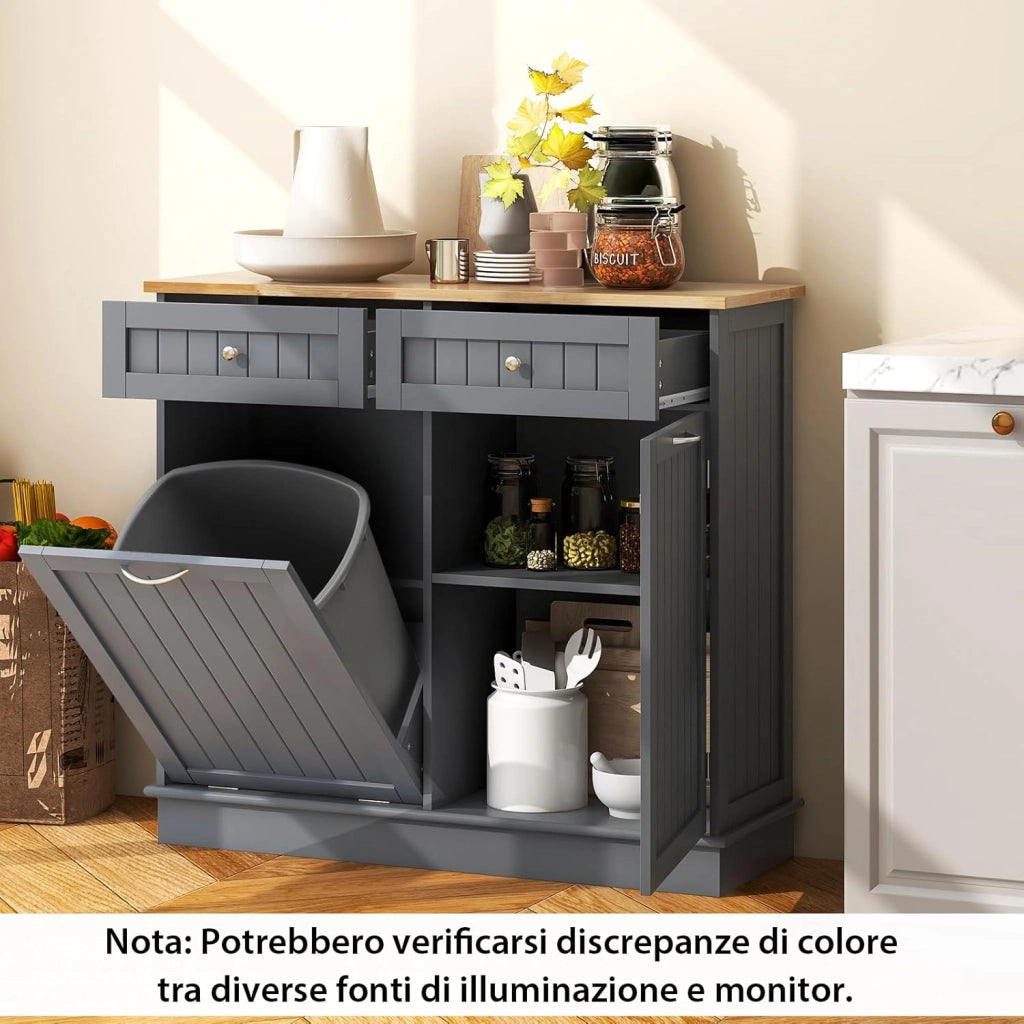 Credenza Cucina, Mobile per Pattumiera Ribaltabile con Piano in Legno di Gomma 2 Cassetti e Ripiano Regolabile, 100x35,5x90 cm (Grigio)