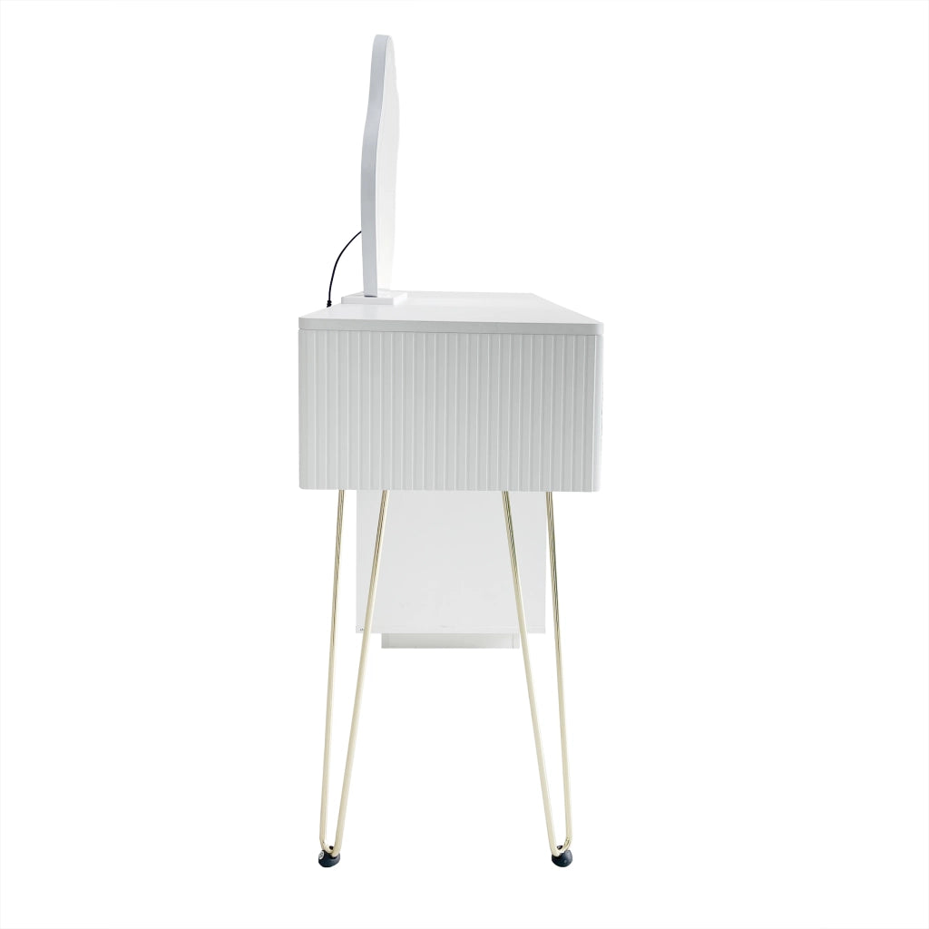 Toeletta bianca con specchio LED a 3 luci, due cassetti e design scorrevole