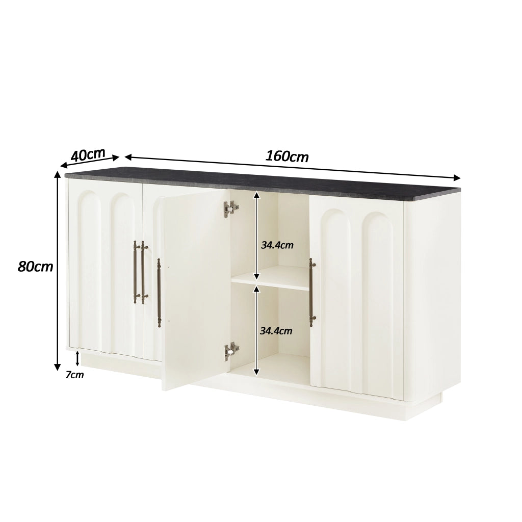Credenza con 4 ante a chiusura ammortizzata e sistema antiribaltamento, in MDF, bianco e nero, 160 × 40 × 80 cm