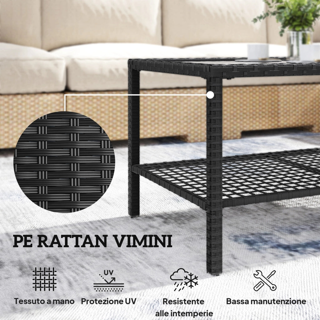 Tavolino da Caff¨¨ a 2 livelli con Piano in Vetro Temperato e Ripiano, in Acciaio e Rattan, 92x50x45 cm, Nero
