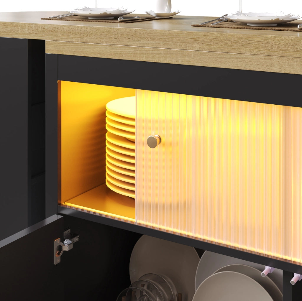 Tavolo bar 135-205x39x100 cm con ruote; LED e porta USB in MDF e vetro nero