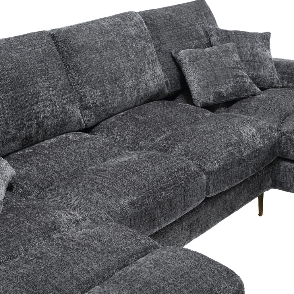 Divano componibile a U in ciniglia grigia con 2 chaise longue e piedi in metallo