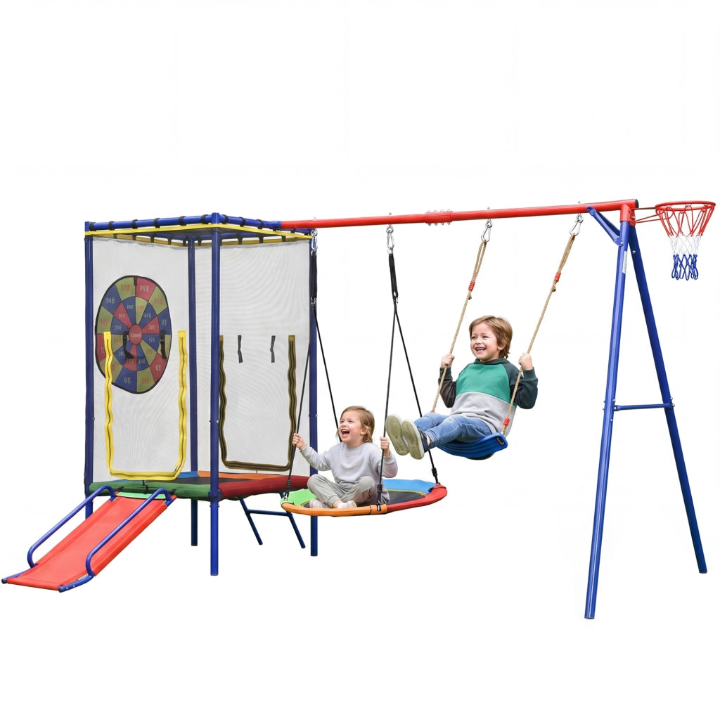 Combinazione gioco da esterno 5 in 1 con trampolino; scivolo; altalene e canestro; multicolore