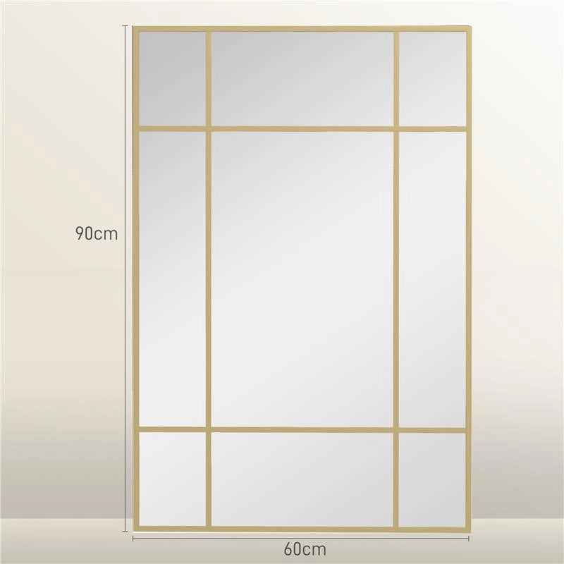 SPECCHIO DA PARETE STILE FINESTRA CON MONTAGGIO VERTICALE E ORIZZONTALE, 90X60 CM, ORO