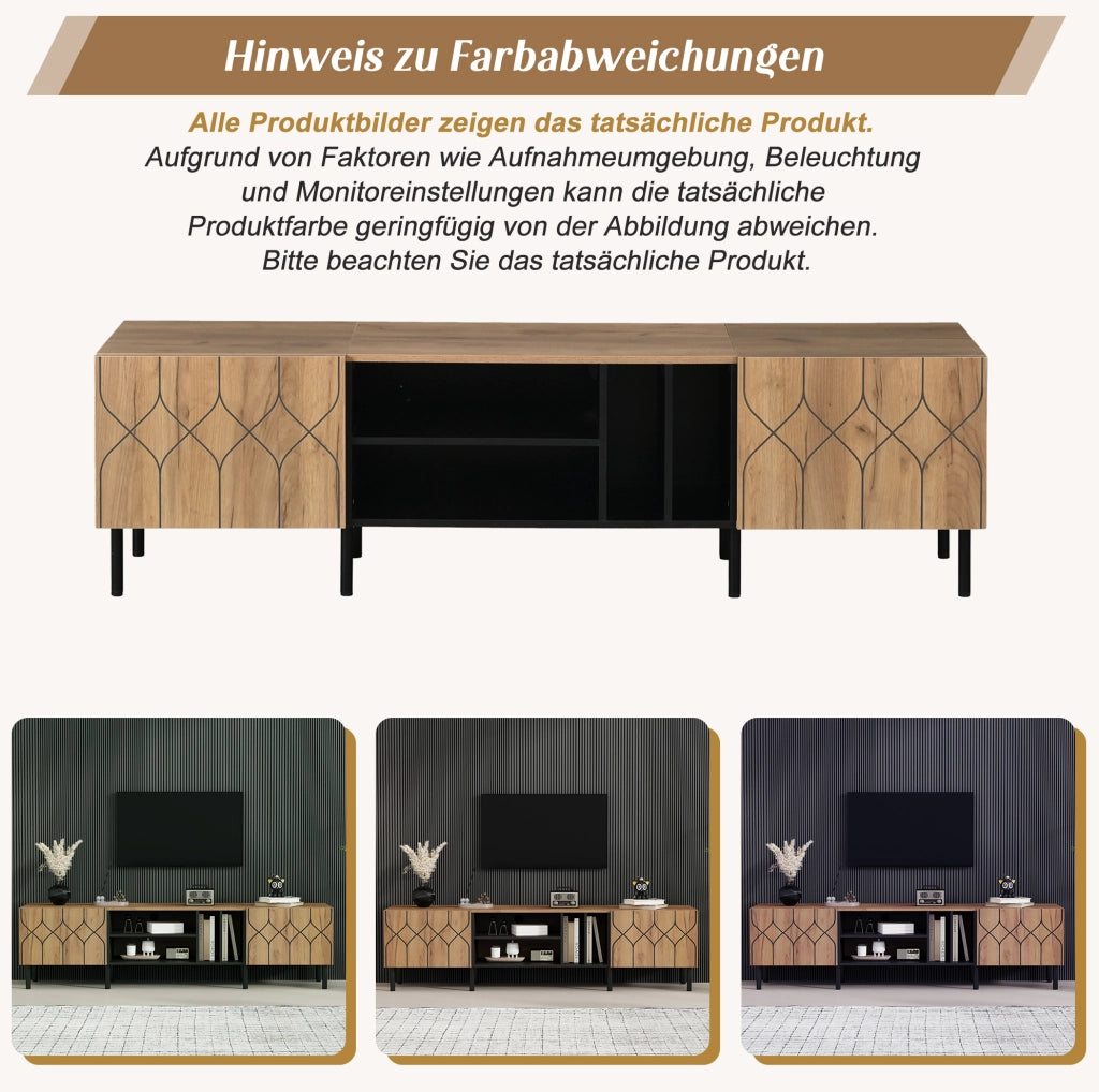 Mobile TV 180x40x50 cm con 2 ante push-to-open e 4 vani, naturale e nero