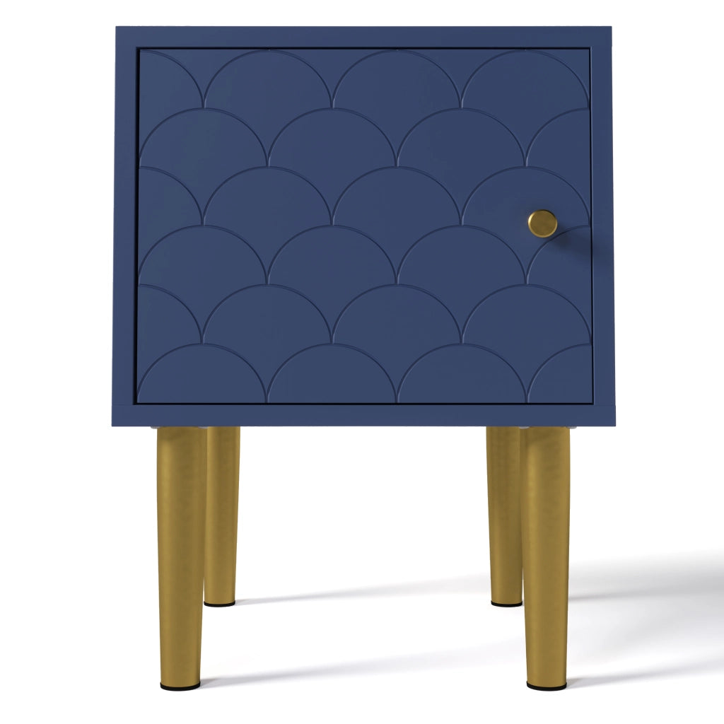 Comodino in legno e metallo, colore blu navy, 35x35x51 cm, design con motivo a squame