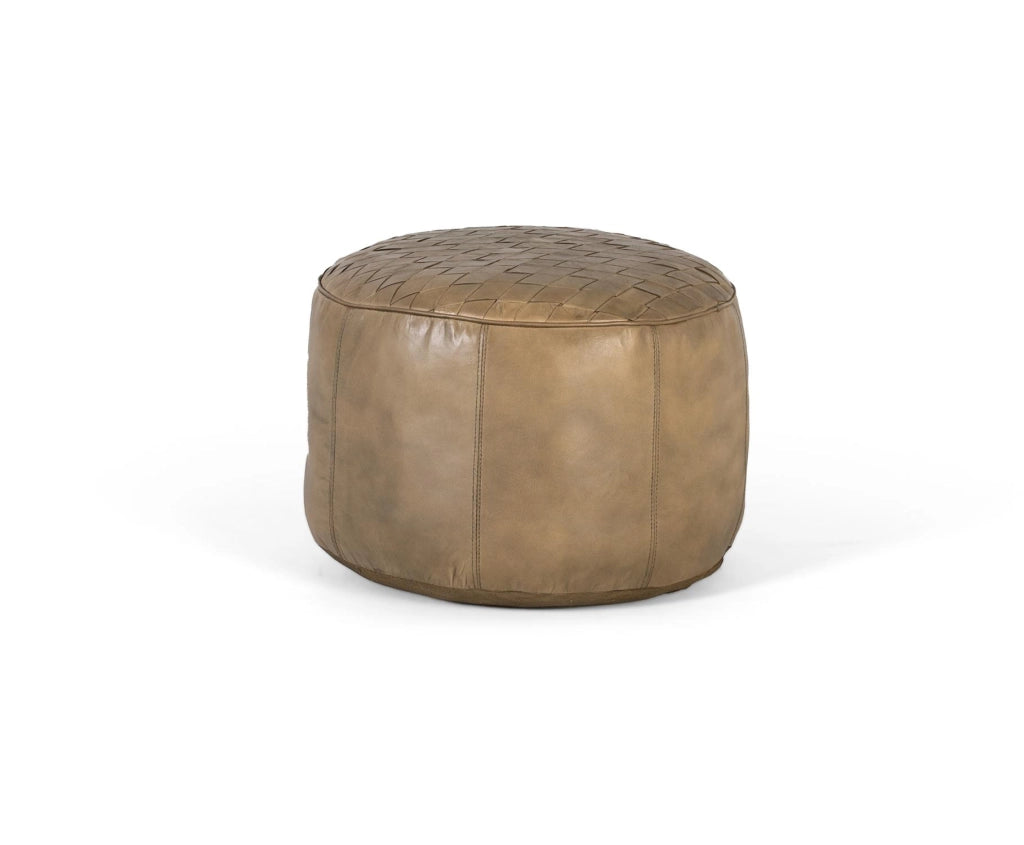 Pouf rotondo rivestito in pelle beige naturale