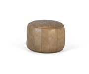 Pouf rotondo rivestito in pelle beige naturale