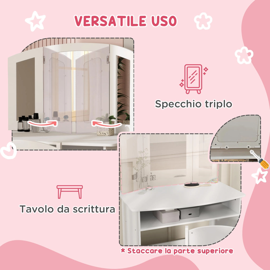 Set da Trucco per Bambini con Tavolo Toeletta con Specchio Triplo Rimovibile e Sedia in Legno Bianco