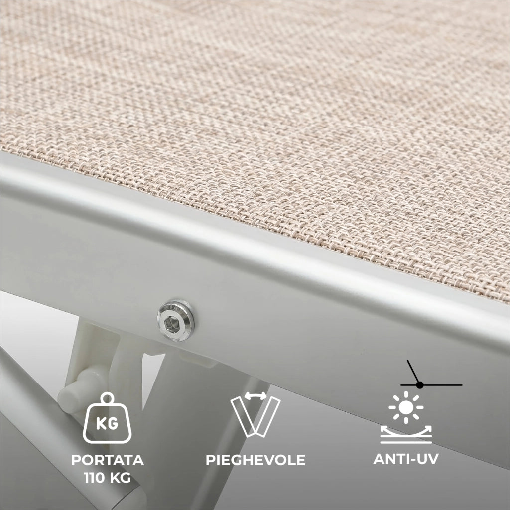 Lettino Prendisole Professionale Pieghevole e Impilabile con Parasole Regolabile, Schienale Reclinabile 2 Posizioni, Struttura in Alluminio, Tessuto Impermeabile UV Resistente, Portata 110 Kg Beige
