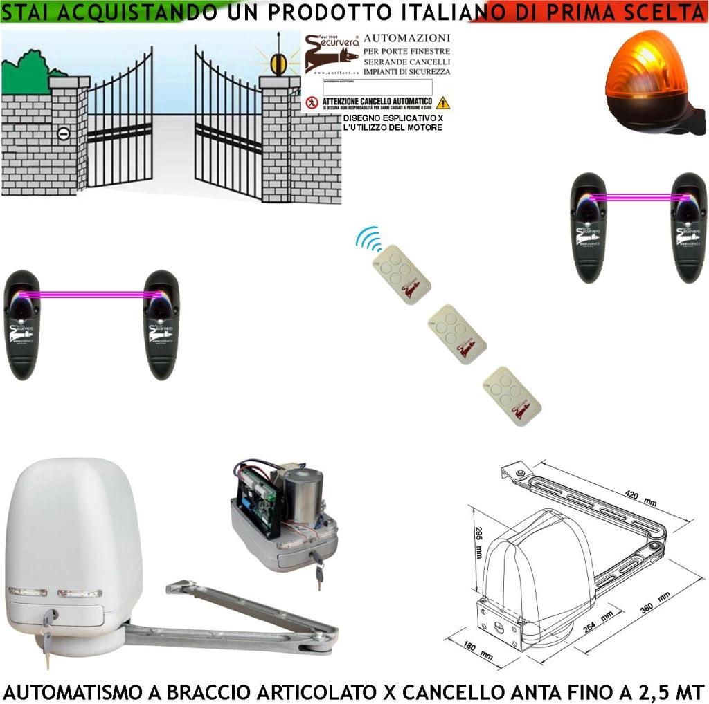 CANCELLO ELETTRICO KIT MOTORE A BRACCIO ARTICOLATO 220/24 V ANTA BATTENTE DA 0,5 A 2,5 MT CENTRALE 3 RADIOCOMANDI FARO 2 FOTOCELLULE