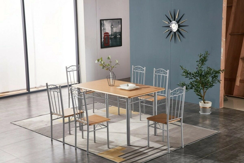 SET TAVOLO CON 6 SEDIE EFFETTO LEGNO CHIARO 140X80 Cm